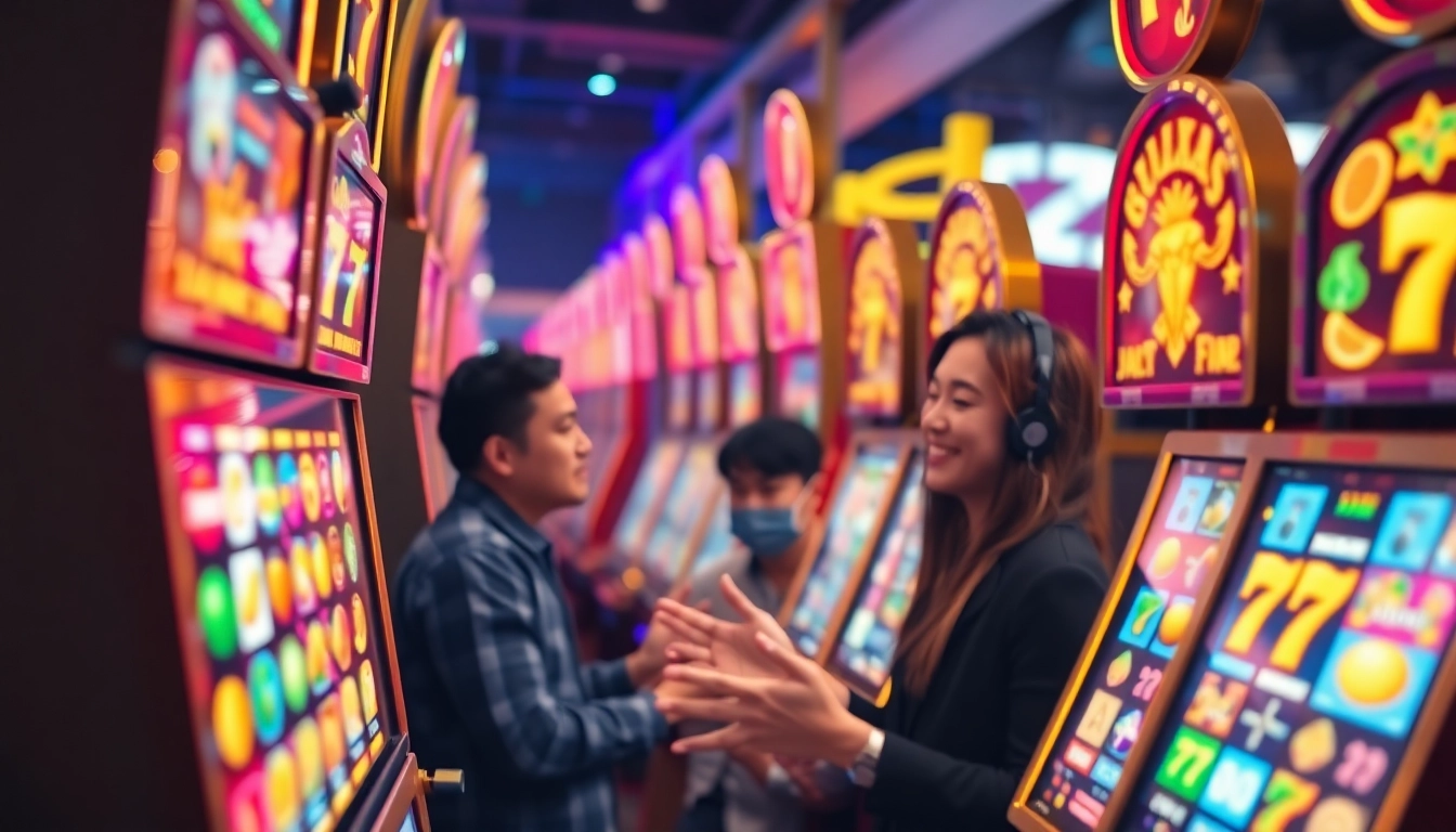 Engaging online slot experience featuring vibrant machines and joyful players