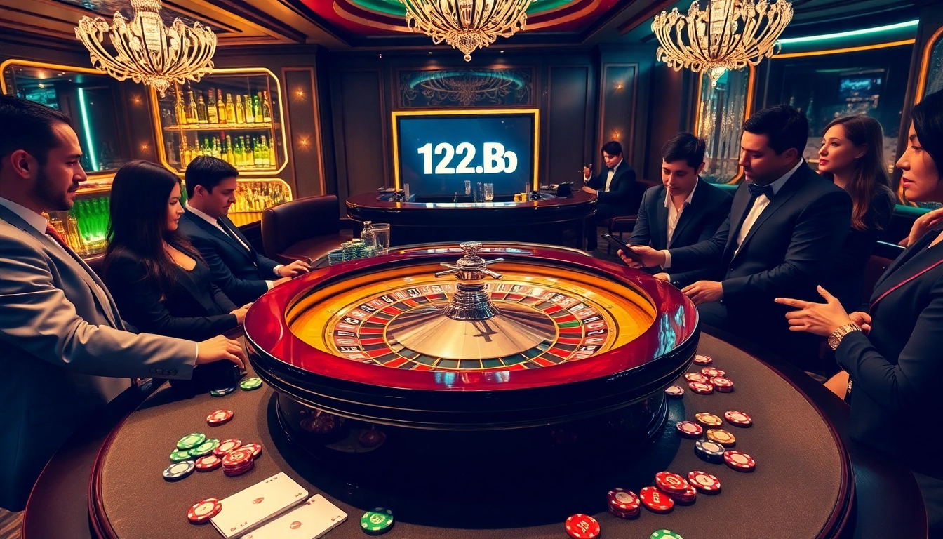 Gamblers enjoying a thrilling game at a luxury casino, featuring the 123b logo prominently.