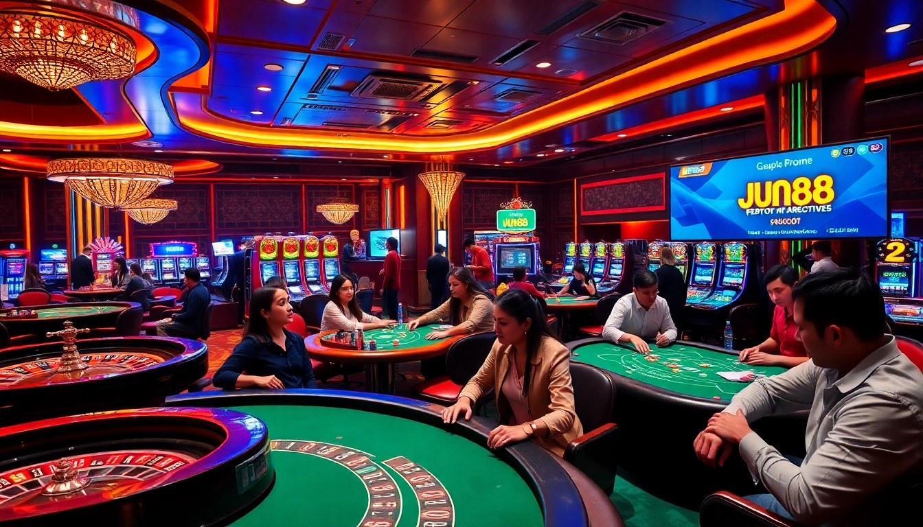 Experience the excitement at Jun88's luxurious casino gaming scene with vibrant slot machines and poker tables.