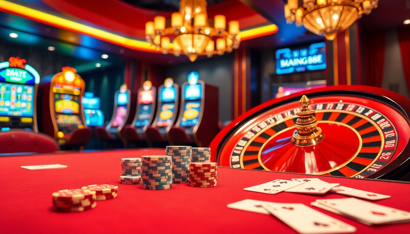 Exciting gaming table scene at bong88, showcasing poker chips, cards, and a roulette wheel.