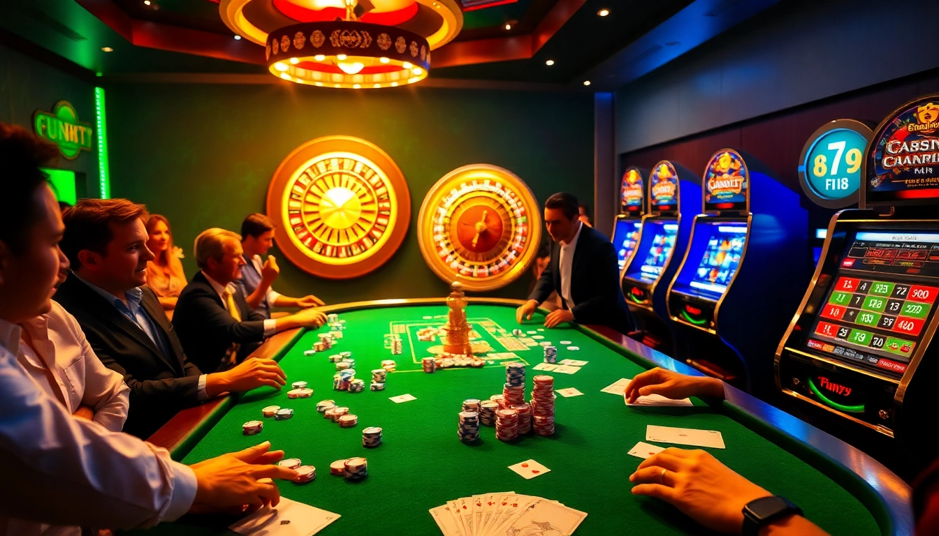 Exciting casino action at fun79 with vibrant poker chips and roulette wheel.