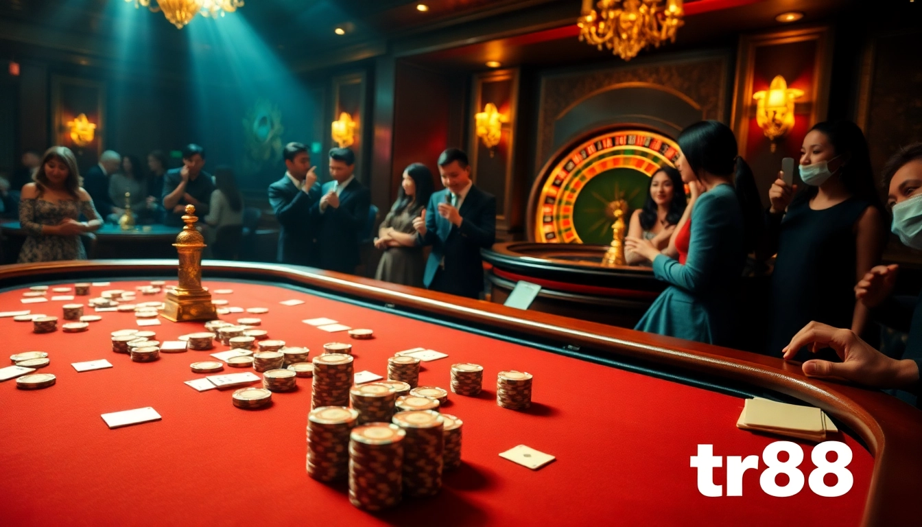 Experience the thrill of gambling at tr88 with an elegant poker table and a lively casino atmosphere.