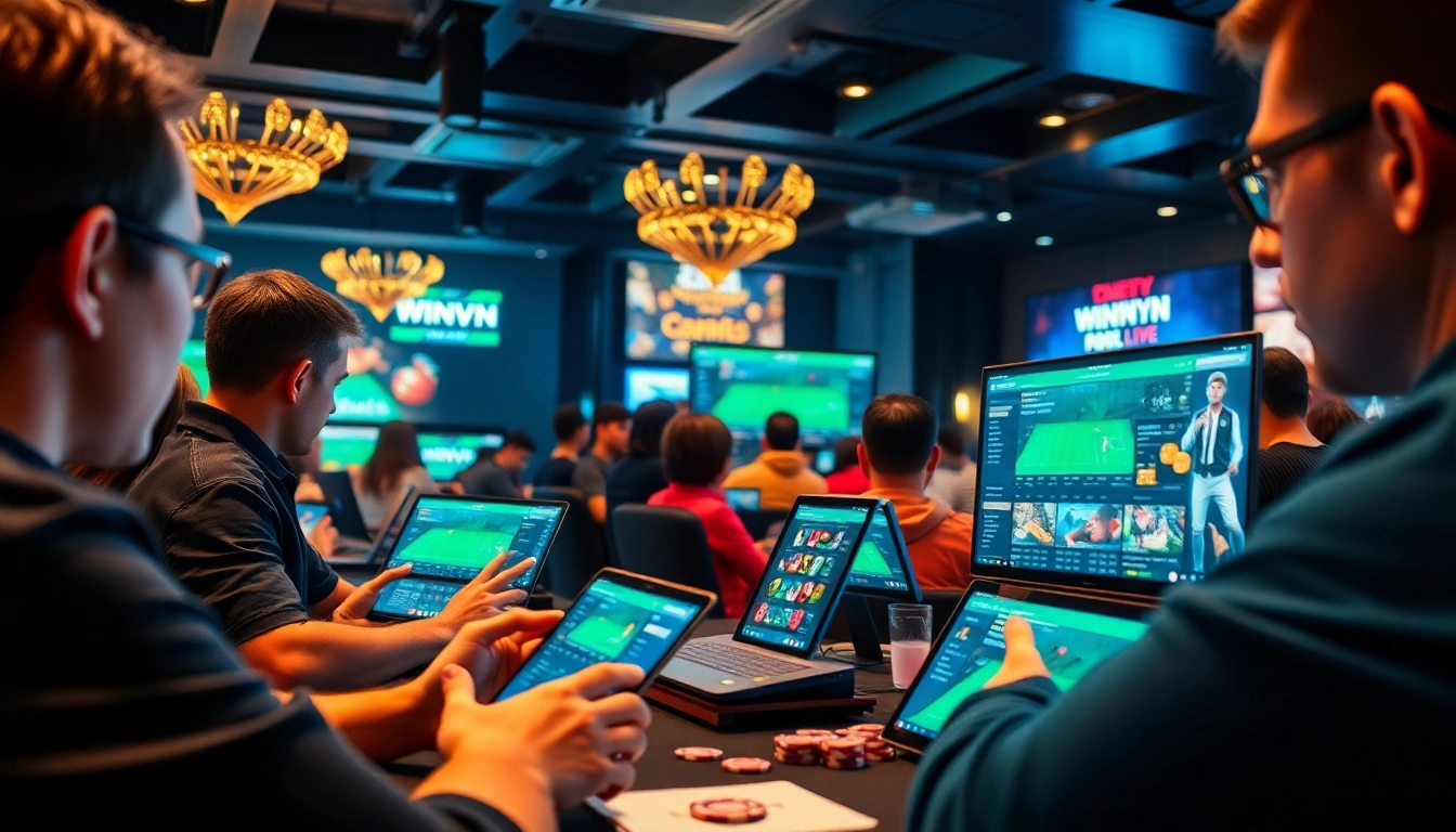 Engaging online gaming scene showcasing winvn88.live platform on multiple devices with a vibrant casino atmosphere.