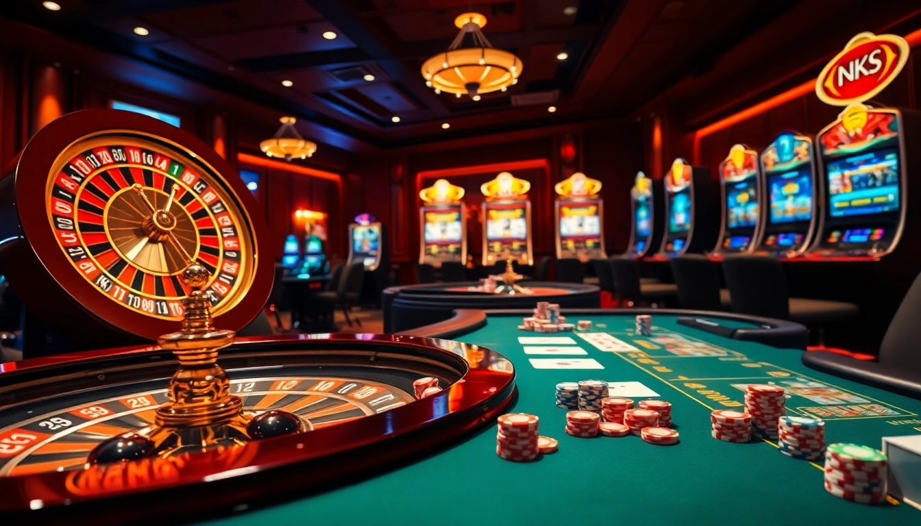 Experience thrilling moments at NK88 casino with vibrant games and glowing roulette wheel.