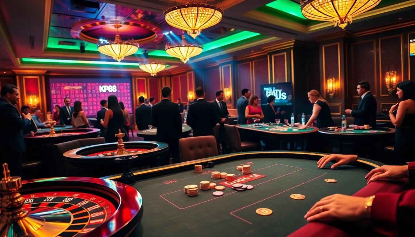KP88 players engaging in a thrilling poker game at a luxurious casino table.
